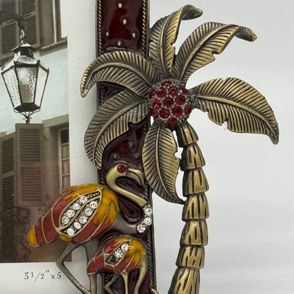 Louisburg Square Jeweled Picture Frame Burgundy Enamel Flamingo Palm Tree 6x8